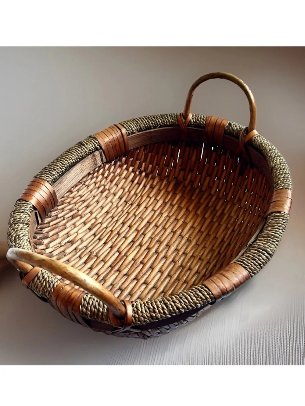 Woven Wicker Rattan Oval Basket Display Décor Storage Open Basket W/Handles 14”